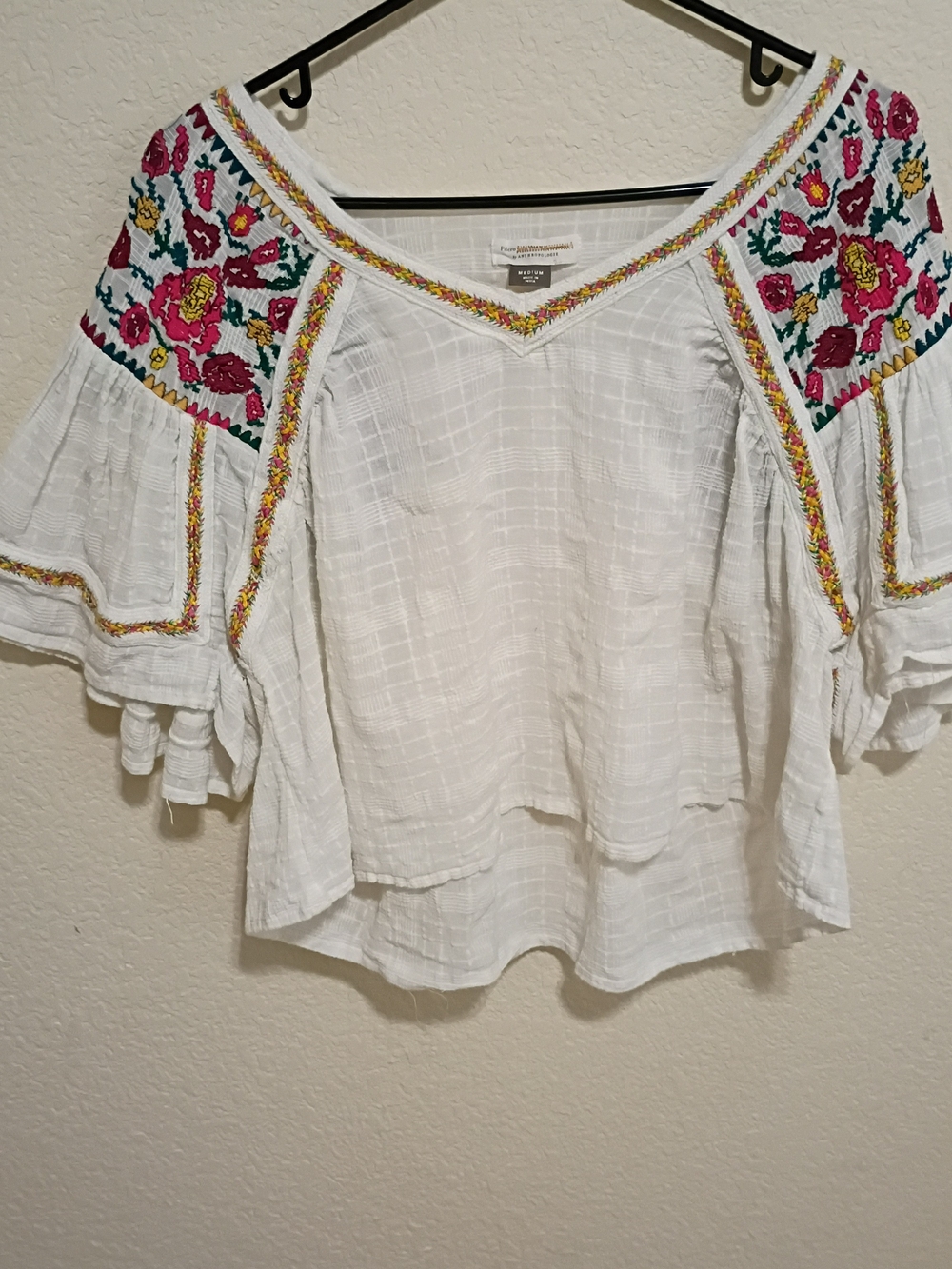 Pilcro White Embroidered Peasant Blouse with Pink & Yellow Floral Accents
